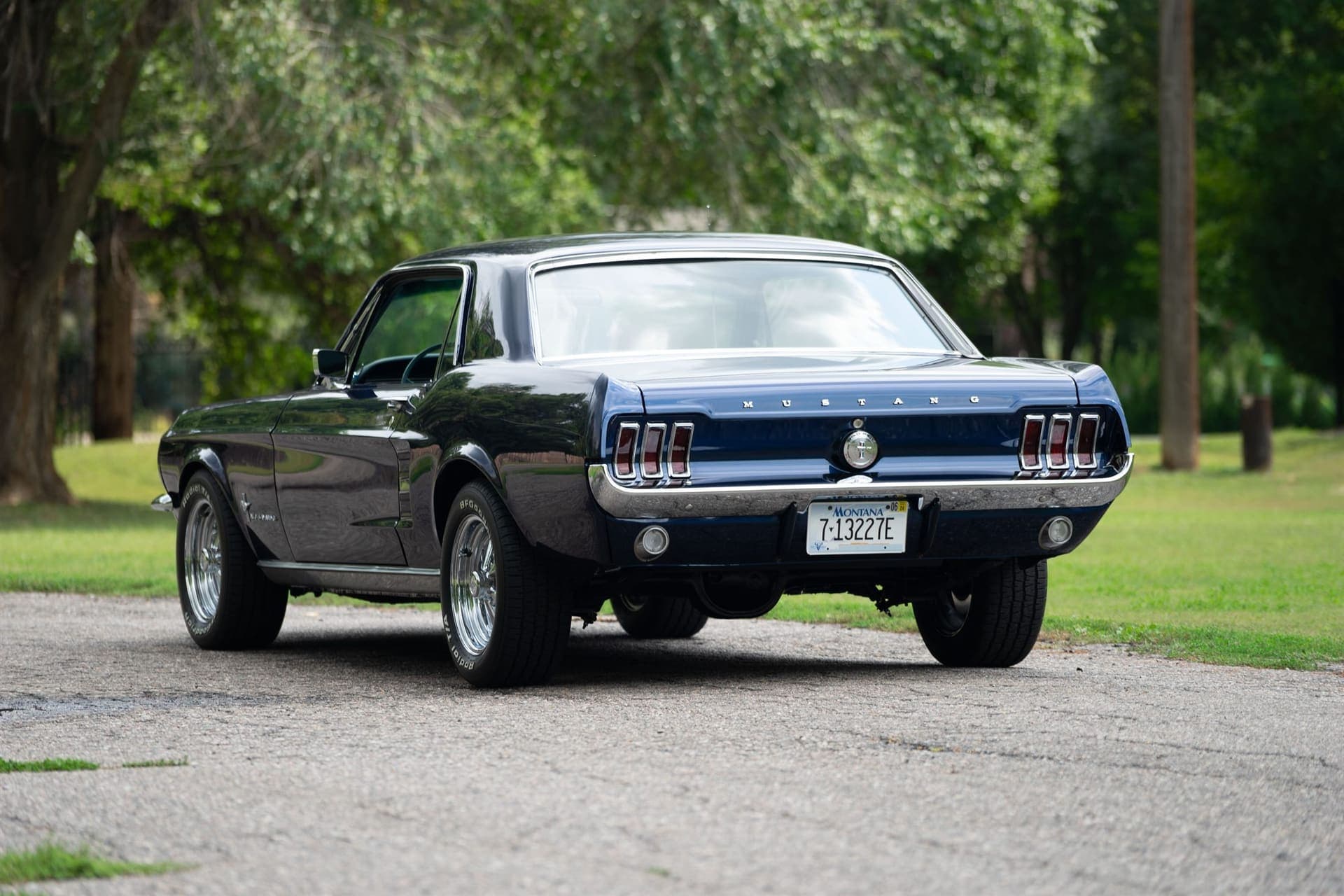 1967 Ford Mustang electric conversion on a mountain road